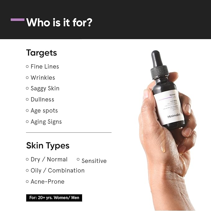 Minimalist 0.3% Retinol Serum with Bakuchiol Oil For Anti Aging | Night Face Serum With Squalane Base & Coenzyme Q10 To Reduce Fine Lines & Wrinkles | For Women & Men | 1 Fl Oz / 30 ml