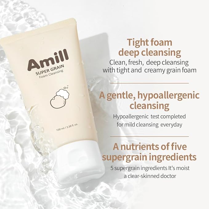 Amill Super Grain Foam Cleansing (100ml/3.39fl.oz) – Gentle Facial Cleanser with Multi-Grain Extracts for Soft & Hydrated Skin