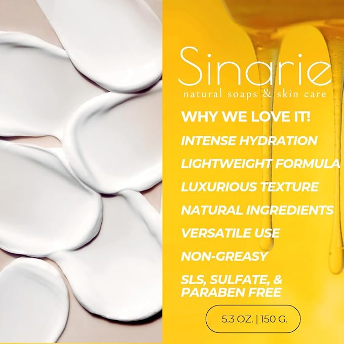 Sinarie Coconut-Free Body Butter | Luxurious Hydration with Shorea Butter, Evening Primrose Oil, Argan & Moringa Oil | Non-Greasy, Natural Ingredients | For Sensitive Skin (5.3 oz., Golden Honey)