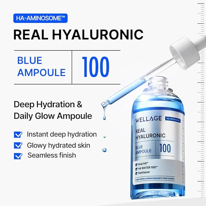 WELLAGE Real Hyaluronic Blue Ampoule 100, Korean Hydrating Serum for Face, Skin Firming Hyaluronic Acid Serum with Panthenol for Sensitive Skin, (3.38Fl.oz + 2.53Fl.oz)