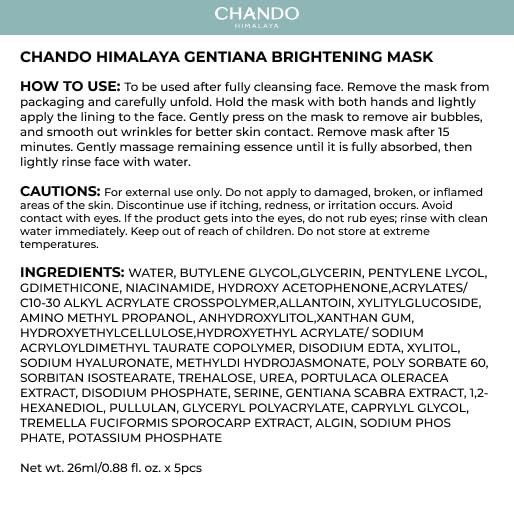 CHANDO HIMALAYA Gentiana Sheet Mask (26mlx5PCS) - Revitalizing Mask with Gentiana Scabra Extract for Radiant Skin, Paraben-Free