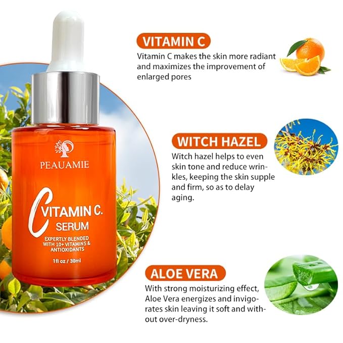 Peauamie Vitamin C Serum for Face Anti Aging with 2% Hyaluronic Acid and 1% Retinol Ferulic Acid,Moisturizer for Fine Lines and Wrinkles 1 Fl Oz x 2 Pack