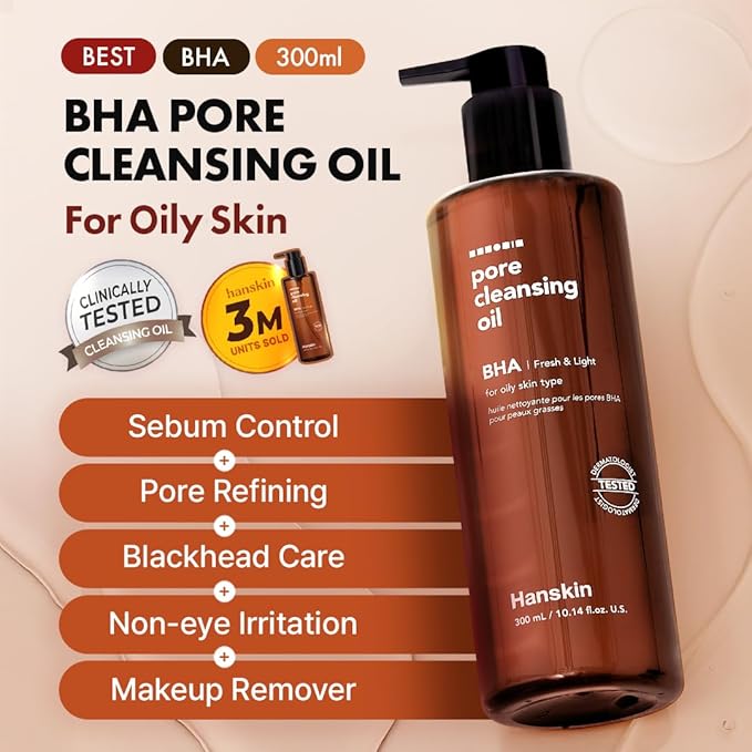 Hanskin BHA Pore Cleansing Oil, Gentle Blackhead Cleanser and Makeup Remover for Combination and Oily Skin, Korean Skincare [BHA/10.14 oz]