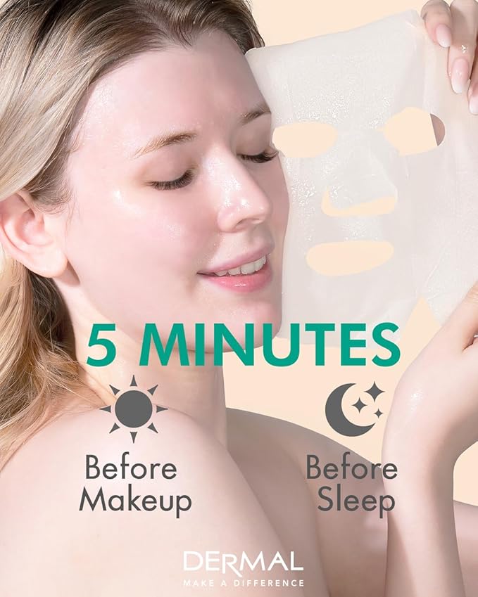 DERMAL Aloe Collagen Essence Facial Mask Sheet 23g Pack of 10 - Skin Revitalizing & Soothing, Refreshing and Moisturizing, Sunburn Relief, Daily Skin Treatment Solution Sheet Mask