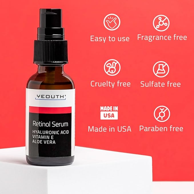 YEOUTH Retinol Serum for Face with Hyaluronic Acid & Vitamin E, Hydrating Retinol Face Serum for Women & Men, Facial Skin Care for Even Skin Tone - 2oz