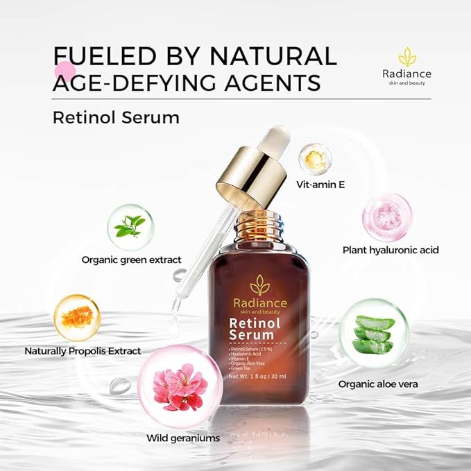 RADIANCE - Retinol Serum for Face with Vitamin E, Organic Jojoba Oil, Aloe Vera, Green Tea, Hylauronic Acid for Smoothing Fine Lines, Dark Spot & Anti Aging, Anti Wrinkles Facial Serum 1 Oz