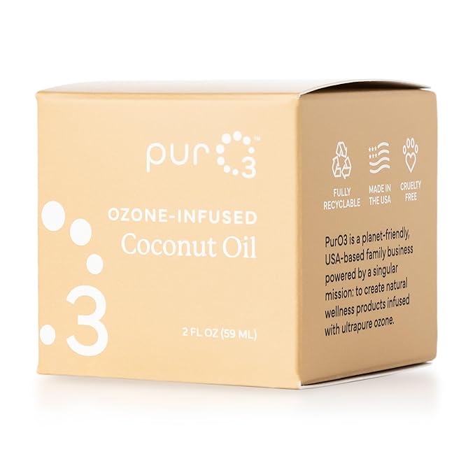 PurO3 Ozonated Coconut Oil – Pure, Natural, Organic Skincare for Face & Body – Oxygenated Healing Lotion, Moisturizer & Beauty Cream in a Glass Jar – O3 Therapy Salve, 2 oz