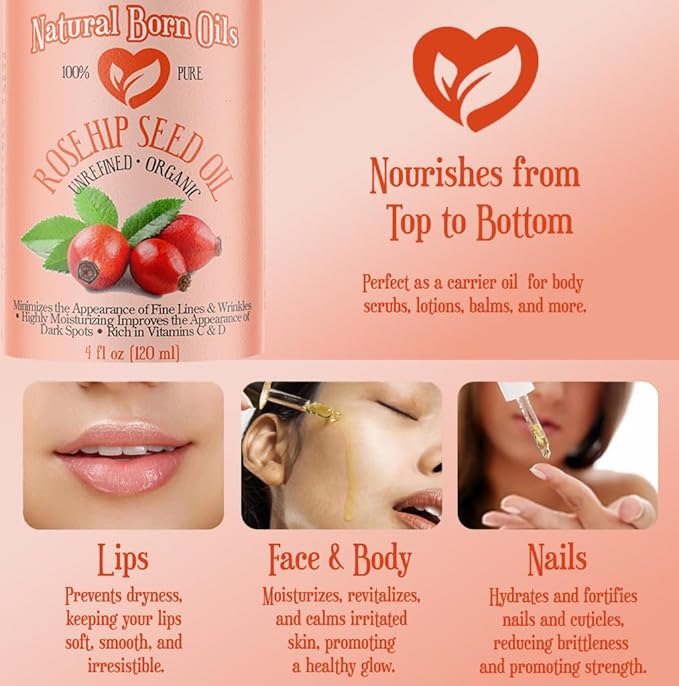 SALE! 4oz Rosehip Seed Oil, 100% Pure and Natural, Cold-Pressed, Unrefined, Organic Moisturizer for Skin and Hair - Includes Pump & Dropper