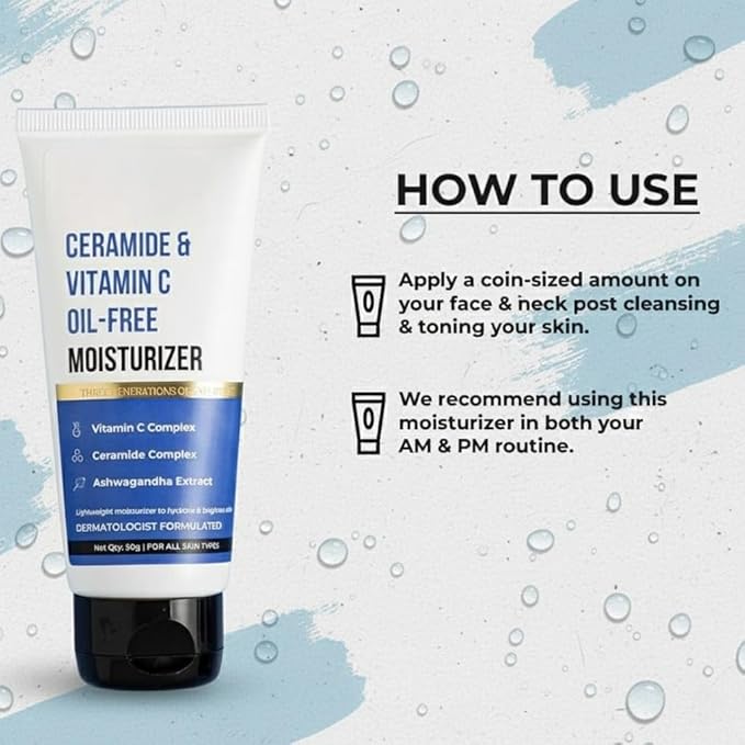 Dr Sheth Ceramide & Vitamin C, Oil Free, Lightweight Moisturizer to Hydrate & Brighten Skin with Vitamin C, Ceramide & Ashwagandha Daily Use Cream for Oily Skin, 50g, 1.76 Ounce