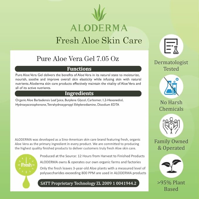 Aloderma Aloe Vera Gel Made within 12 Hours of Harvest with 96% Pure Organic Aloe Vera for Skin, Scalp, & Hair, Soothing Aloe Face Moisturizer, Multipurpose, Hydrating Aloe Gel, 7oz, 6-Pack