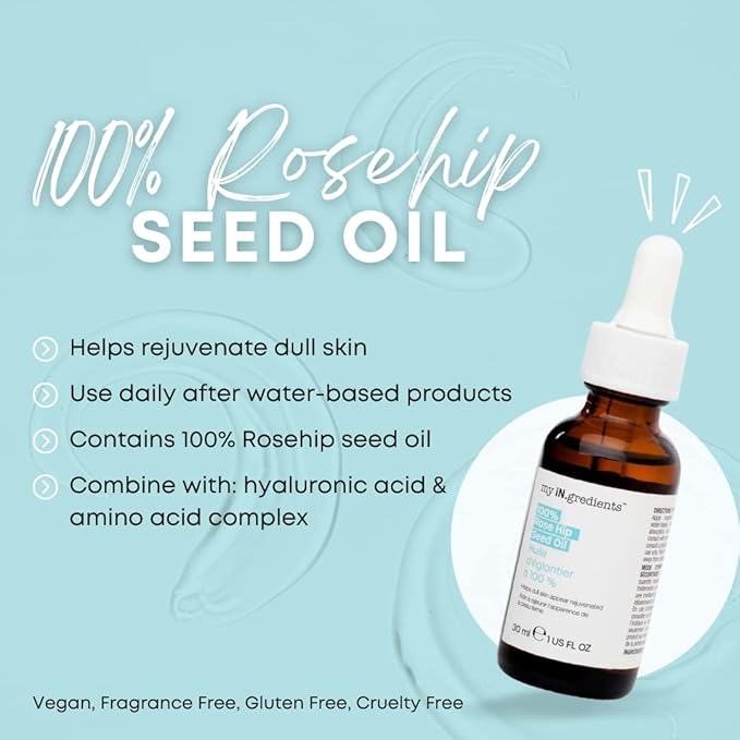 Masque Bar My Ingredients 100% Rose Hip Seed Oil, Rejuvenates Dull Skin, Reduces Fine Lines, Wrinkles, Soothes Dry & Itchy Skin, Moisturizing Serum for Face & Hair, Korean Skincare - 1Fl oz
