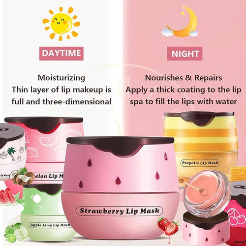 6 PCS Honey Lip Mask, Strawberry & Watermelon & Coconut & Cherry & Apple Lime Lip Sleeping Mask Propolis Moisturizing Lip Balm with Stick, Nourish Repairs And Prevents Chapped Lips (6 Flavors)