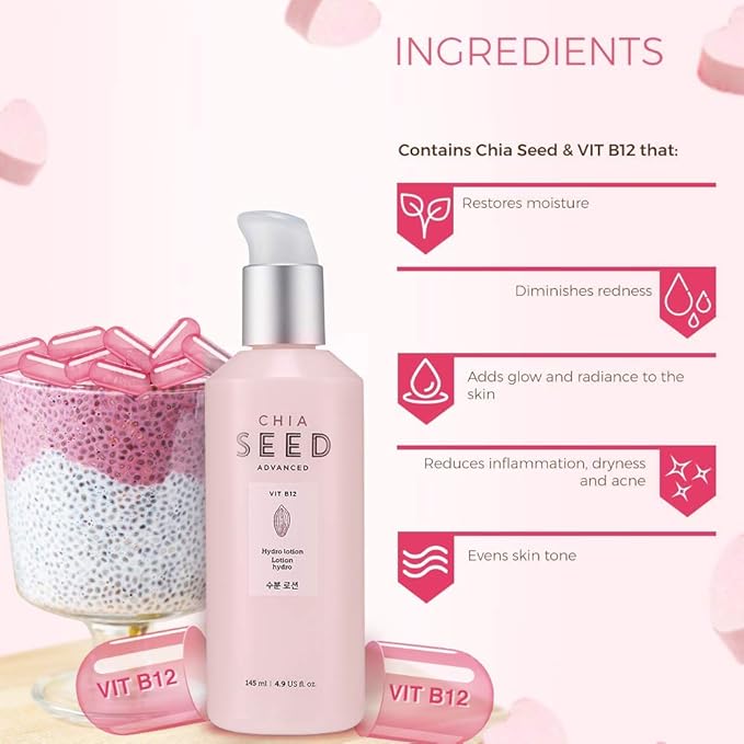 THE FACE SHOP Chia Seed Hydro Lotion | Soft Hydrating Lotion for Skin Moisturizing & Nourishing without Sticky Residue | Formulated for Intense, Upgraded & Hydrating Care, 4.9 Fl Oz