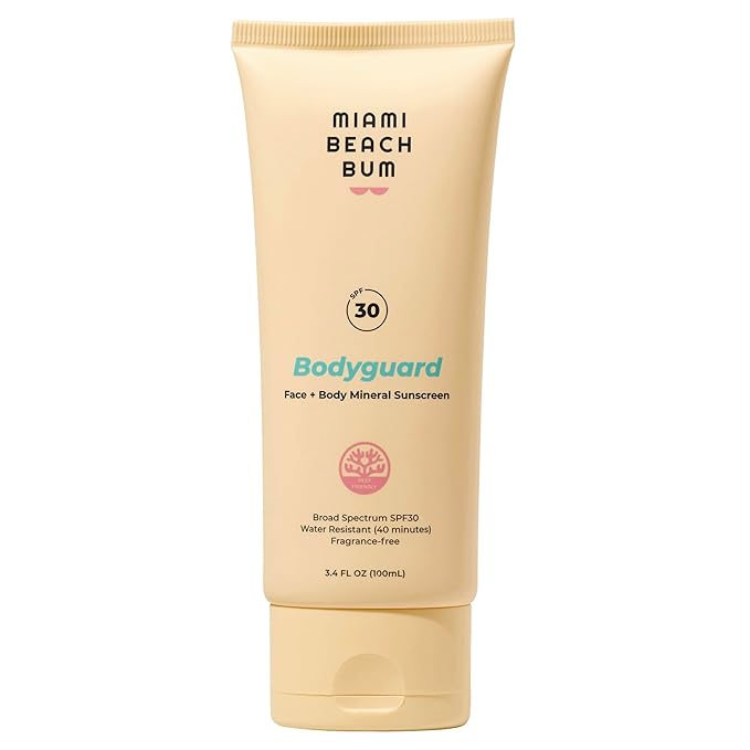 Miami Beach Bum, Bodyguard SPF30 UVA/UVB Silky & lightweight with a sheer, no‑white‑cast finish. Broccoli, aloe & algae, Fragrance‑free & gentle for sensitive skin 3.4oz