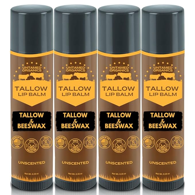 Untamed Organics Pure Tallow Lip Balm | 100% Grass-Fed Beef Tallow and Organic Beeswax | Moisturizing Lip Care for Dry, Chapped Lips | Hypoallergenic, Fragrance-Free | Handcrafted in USA | 4-Pack