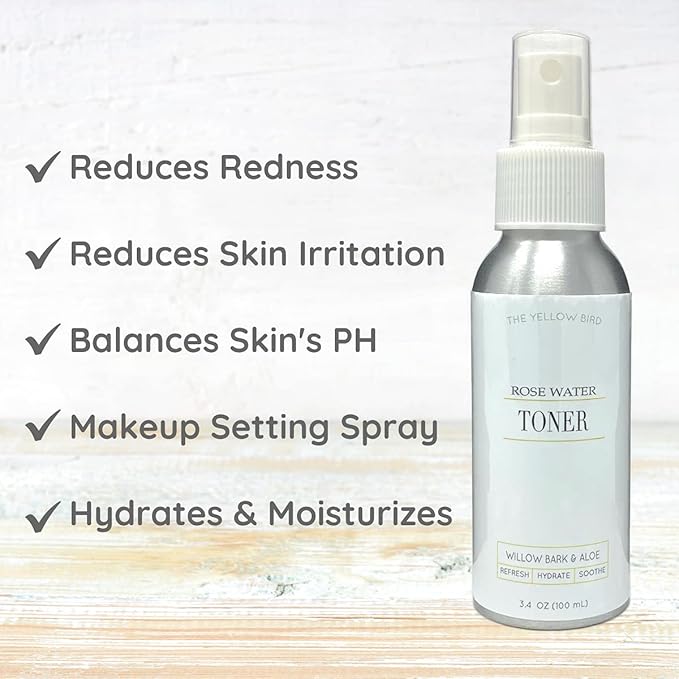 Yellow Bird Natural Rose Water Face Toner - Soothing Facial Hydration Spray, Calming Makeup Setting Mist, Moisturizer Willow Bark to Reduce Redness, Eye Puffiness, Dark Circles