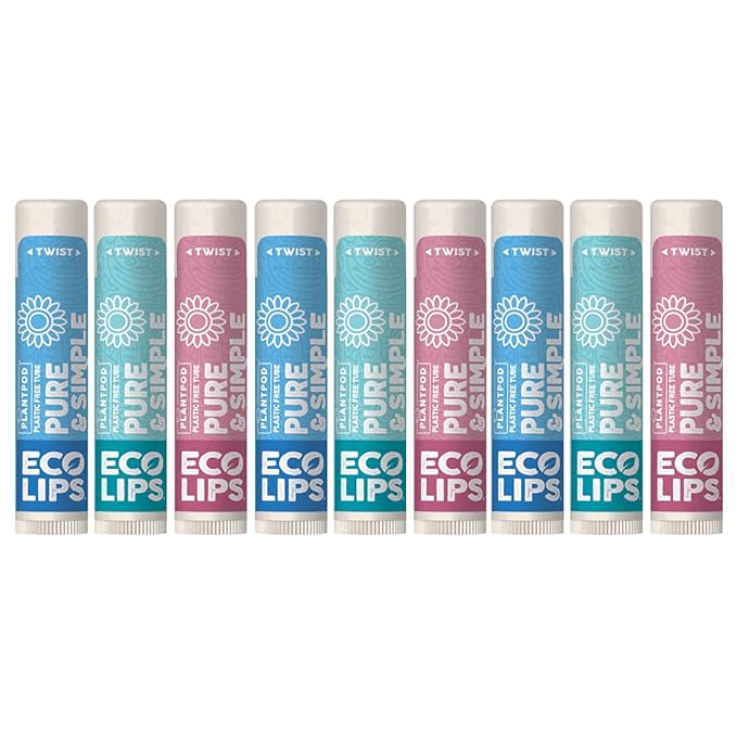 Eco Lips Pure & Simple Raspberry, Coconut and Vanilla Organic Lip Balm 9-Pack (0.15 oz.) - 100% Natural. 100% Plastic-Free Packaging | Made in USA & Cruelty Free