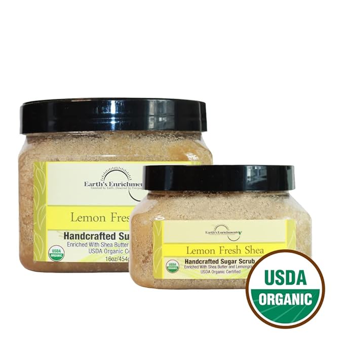 Sugar Scrub USDA Organic and Vegan, Lemongrass Body Scrub with Shea Butter, Refreshing, Gentle Exfoliant, Great for Rough, Dry Skin, Feet and Elbows, Coconut Oil and Avocado Oil, 8oz