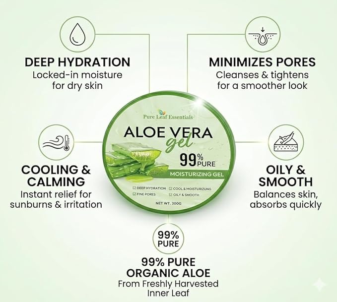 Organic Aloe Vera Gel – 99% Pure, Fresh-Harvested, Hydrating Gel for Face, Body, Hair, and Scalp, 10 oz