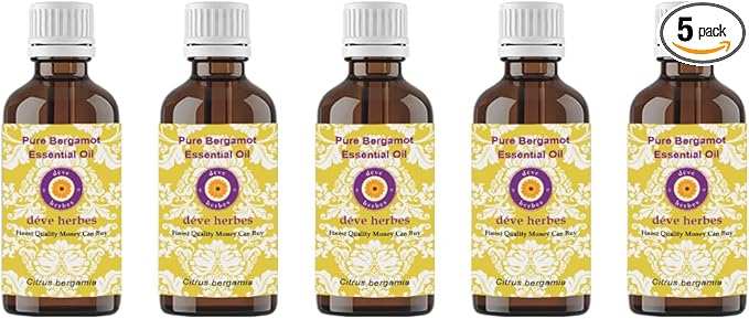 Deve Herbes Pure Bergamot Essential Oil (Citrus bergamia) Natural Therapeutic Grade Steam Distilled (Pack of Five) 100ml X 5 (16.9 oz)