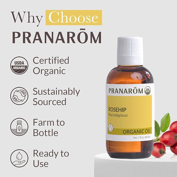 Pranarom - USDA Certified Organic Cold-Pressed Rosehip Virgin Plant Oil - 2 fl oz Glass Bottle - Massaging, Face, Hair & Skin, Unisex