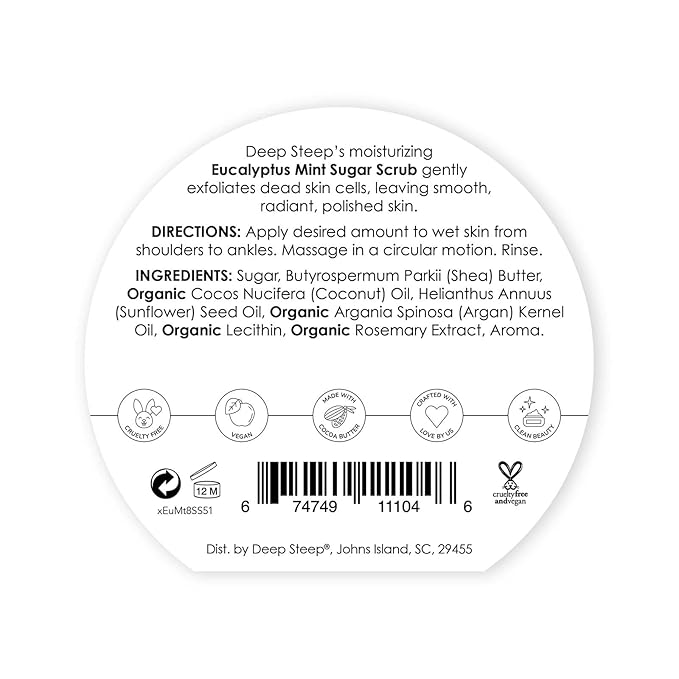 Deep Steep Sugar Scrub, Eucalyptus Mint, 8 oz – Exfoliating Body Scrub with Organic Coconut Oil, Shea Butter & Argan Oil – Vegan, Clean Beauty, Smooth, Soft & Nourished Skin