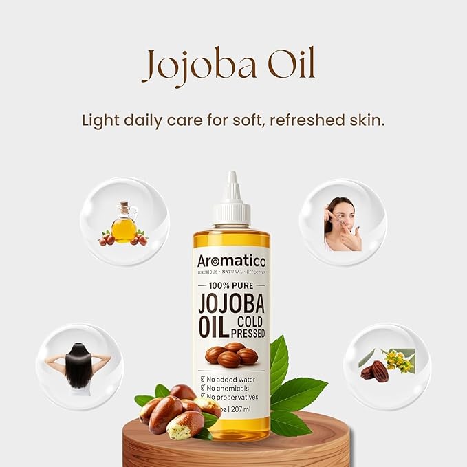 Aromatico 100% Pure Cold Pressed Jojoba Oil – 7 Fl Oz | Natural Hair, Face & Body Oil – Lightweight Moisturizing Carrier Oil for Dry Scalp, Skin Care, Beard, Cuticles & Massage