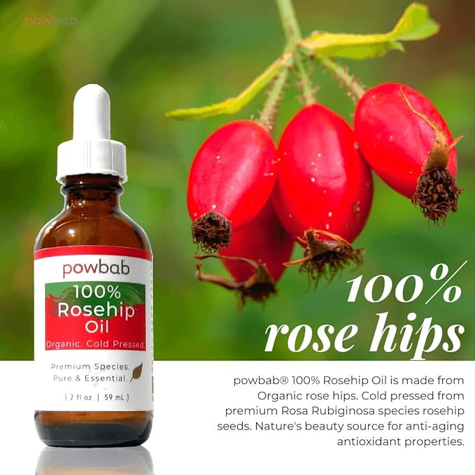 powbab 100% Rosehip Oil - Organic, Cold Pressed from Premium Rosa Rubiginosa Rosehip Seed. Face and Body Oil for Skin, Hair, Nail Repair. Raw Pure E Oil for Scars. Wild, Fair Trade - 2 oz.