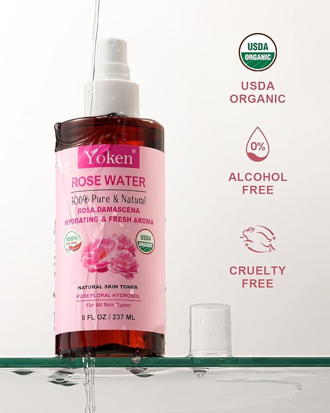 Yoken Organic Rose Water Spray for Face, 8 Fl Oz Fine Mist, Rosewater Face Mist with 100% Pure & Natural Rosa Damascena Rose Hydrosol, USDA Certified Organic, Alcohol Free, Vegan, No Dyes