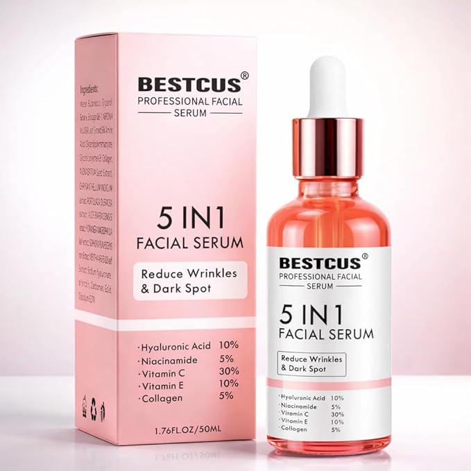 BESTCUS Professional 5-in-1 Facial Serum with Hyaluronic Acid, Vitamin C 30%, Niacinamide, Collagen, Anti-Wrinkle Dark Spot Treatment, 1.76 Fl Oz