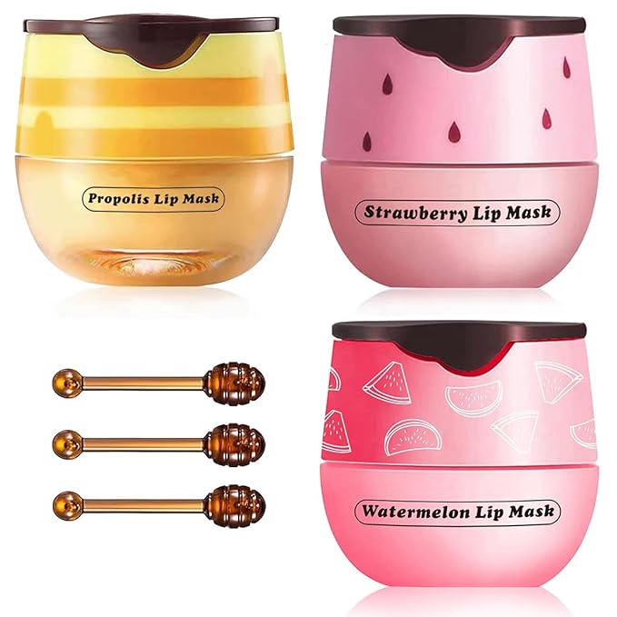 Lip Balm Sleeping Lip Mask, Long-Lasting Nourishing & Moisturizing Lip Night Care Lip Anti-chapped Lip Cream Lip Skin Care (Strawberry & Bee & Watermelon)