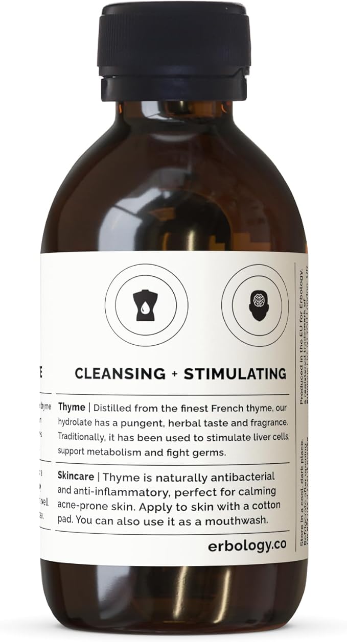 Erbology Organic Thyme Water 3.4 fl oz - Premium Food Grade Hydrolate of Thyme - Cleansing The Skin - Small Batch - Sustainably Sourced Straight from Farm in Provence, France