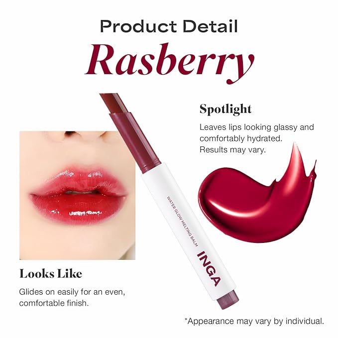 INGA Water Glow Melting Balm - Hydrating Tinted Lip Balm with Soft, Melt-On Texture, Natural Sheer, Glass-Like Finish with Non-Sticky, Lightweight Comfort (RASBERRY JUICE)