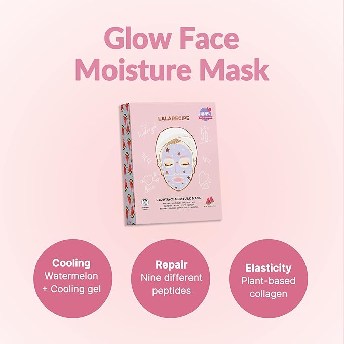 LALARECIPE Glow Face Moisture Mask – Hydrating & Cooling Hydrogel Facial with 8-Hyaluronic Acid, Watermelon & Peptides – Vegan Korean Skincare for Radiant Skin (Pack of 10)
