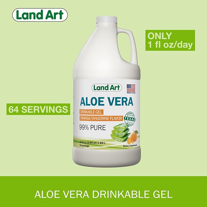Land Art Pure Aloe Vera Drinkable Gel - Orange Tangerine Flavored - Cold-Processed Inner Filet - from Organic Fresh Leaves from Texas - for Heartburn Relief - Acid Reflux - 64 fl oz