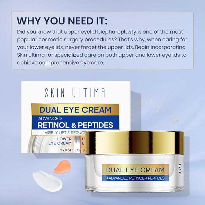 SKIN ULTIMA Dual Eye Cream with Advanced Retinol, Peptides, Caffeine for Puffy Eyes and Dark Circles, Wrinkles, Anti Aging, Under Eye Bags Treatment, Instant Tightener, Fragrance Free, 0.68 OZ
