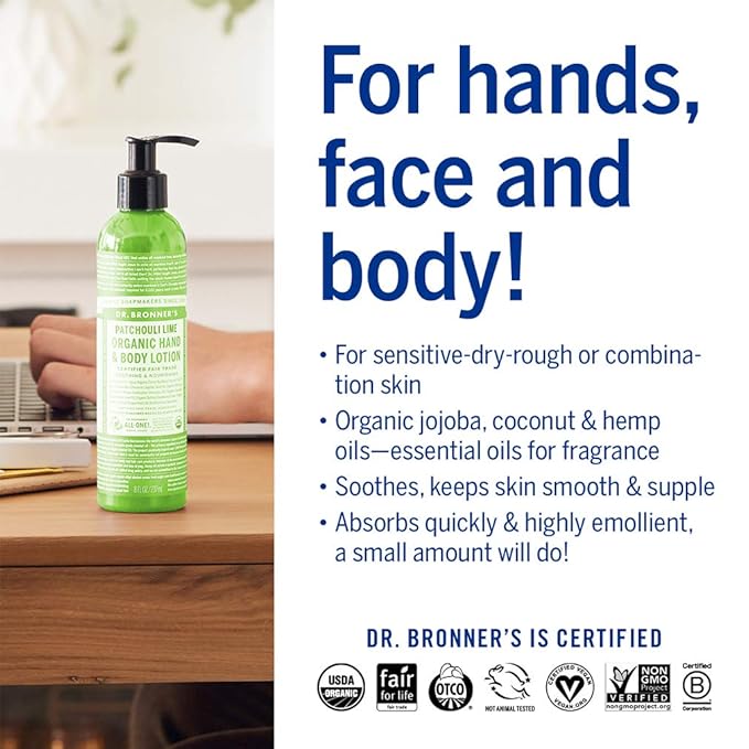 Dr. Bronner's Organic Lotion (Patchouli Lime, 8 Ounce) – Organic Moisturizer for Hands, Face & Body – Vegan, Non-GMO