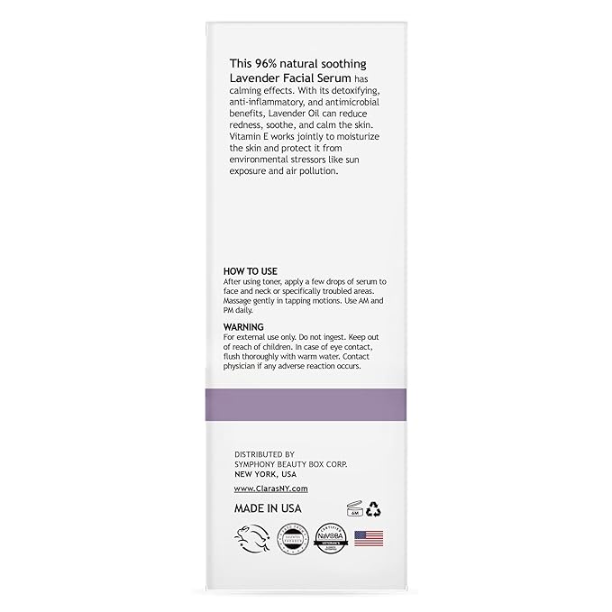 Clara’s New York Calming Lavender Facial Serum with Vitamin E – Hydrating & Soothing Face Serum for Sensitive Skin – Made in USA 30ml / 1 Fl Oz