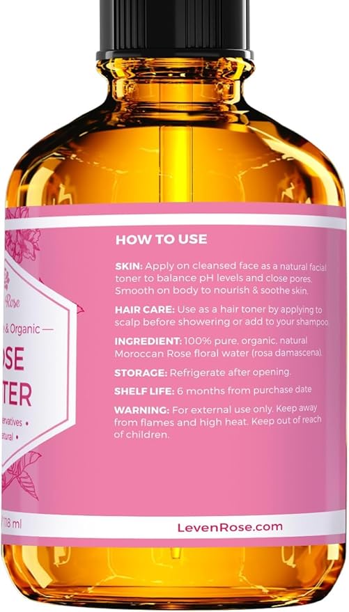 Rose Water Facial Toner by Leven Rose, Pure Natural Moroccan Rosewater Hydrosol Face Spray 4 oz