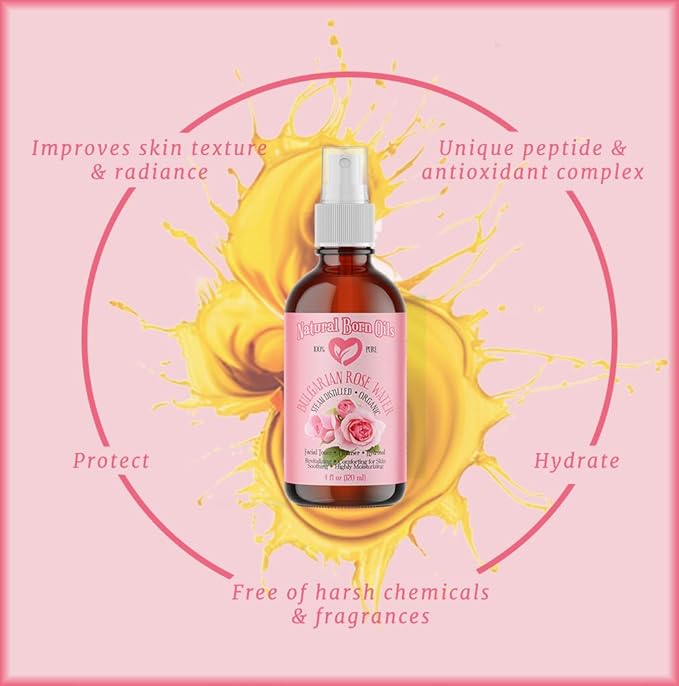 Natural Born Oils 4oz Rose Water Hydrosol, 100% Pure and Natural, Organic, Steam-distilled, Facial Toner Cleanser, with Sprayer