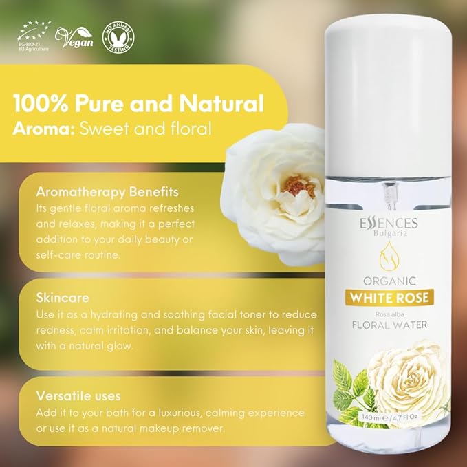 Essences Bulgaria | Organic White Rose Floral Water 8.5 Fl Oz | 250ml | Rosa alba | 100% Pure and Natural | Anti-Age Refreshing Beauty Mist | Alcohol-Free | Makeup Remover | Hydrating | Vegan