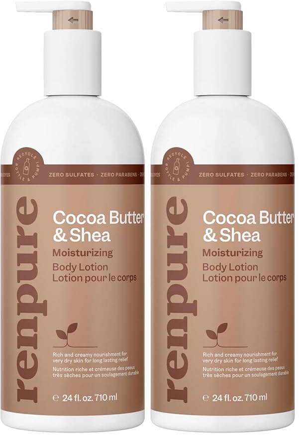 RENPURE Cocoa Butter and Shea Ultra-Hydrating Body Lotion - Rich and Silky Formula - Improves Natural Moisture Barrier - Protects and Nourishes - Leaves Skin Feeling Soft and Smooth - 24 oz