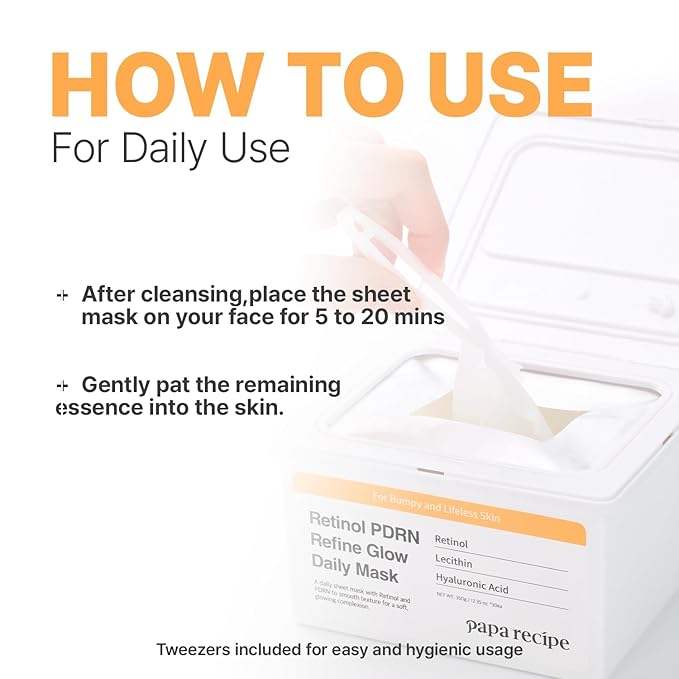 Papa Recipe Retinol PDRN Refine Glow Daily Mask (30 Sheets) - Korean Skin Revitalizing Facial Masks, Anti-aging - Soothing, Calming & Hydrating Face Skin, Sensitive Skin-friendly