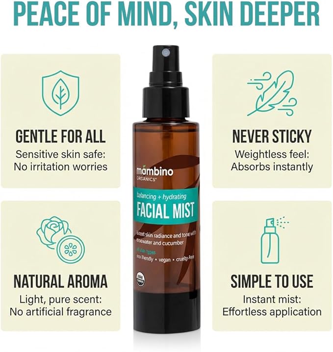 Mambino Organics Balancing Facial Mist & Toner, Organic Rose Water Facial Toner for Skincare & Self Care, Lightweight Hydrating Mist for All Skin Types, 2 fl oz