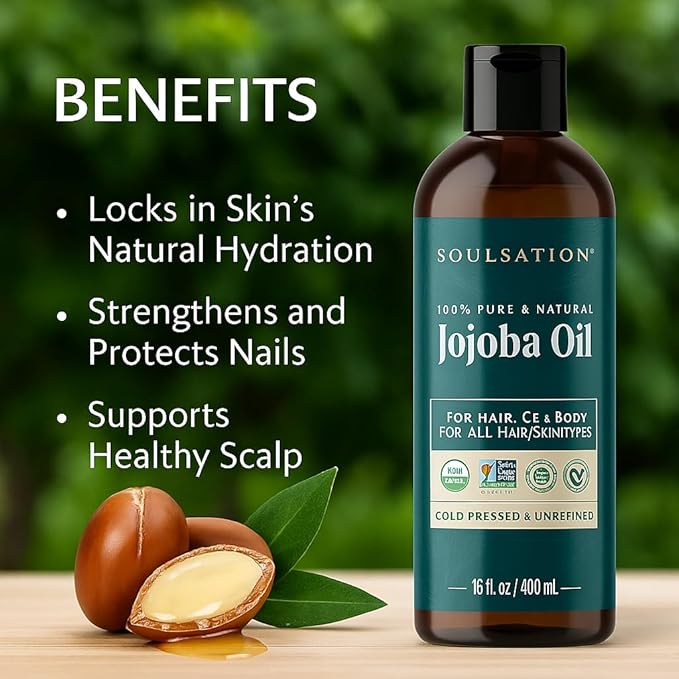 SOULSATION Organic Jojoba Oil for Skin, Hair & Face (16oz) | 100% Pure, Natural Cold Pressed | Organic, for Skin, Hair, Face, 100% Pure, Natural