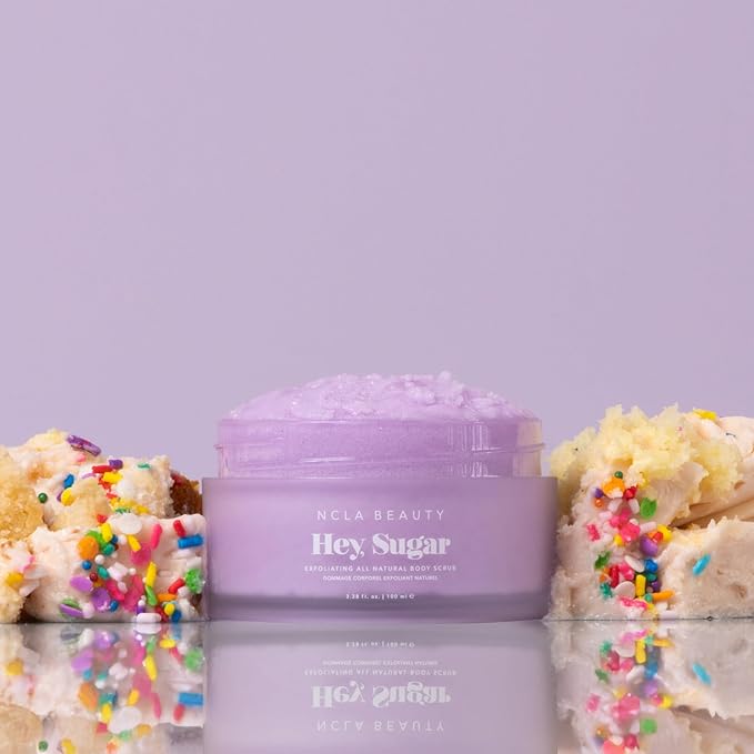 NCLA Beauty Hey Sugar All Natural Body Scrub - Moisturizing, Exfoliating Sugar Scrub - Shea, Cocoa, and Mango Butters - Birthday Cake - 3.38 oz