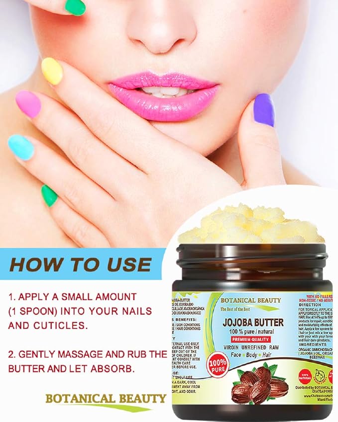 Botanical Beauty JOJOBA OIL BUTTER RAW VIRGIN UNREFINED for Face, Body, Hair, Nails. Dry Skin, Cracked Hands, Eczema, Psoriasis Rashes, Itchiness, Redness (8 Fl Oz)