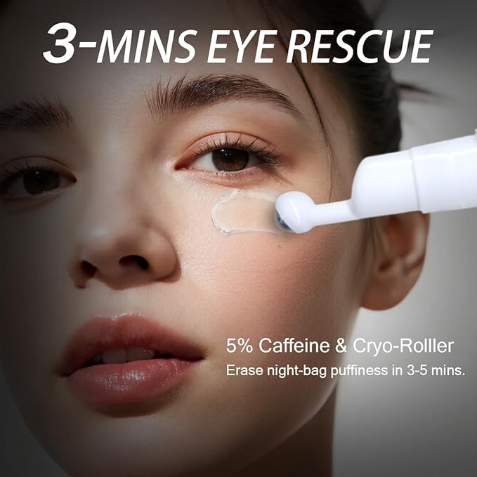 5% Caffeine Eye Cream for Puffy Eyes - Under Eye Brightener Serum Roller for Dark Circles Wrinkles Bags Puffiness, with 360° Massage Cooling Ball, Travel Toiletries (15ml / 0.51fl oz)