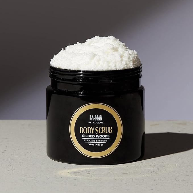 LALICIOUS Gilded Woods La-Man Body Scrub - Exfoliating Sugar Scrub for Men - Body Exfoliator for Dead Skin & Optimal Hydration - Pure Cane Sugar + Coconut Oil Body Scrub 16oz