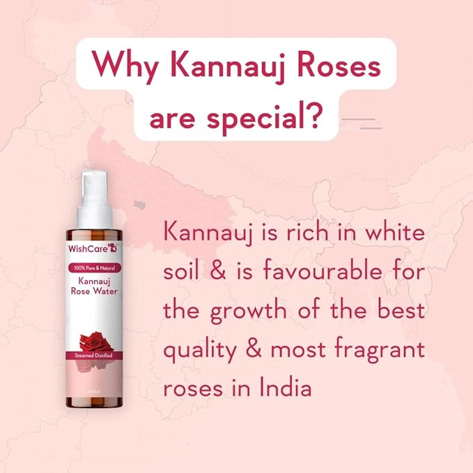 WishCare 100% Pure & Natural Rose Water Liquid - for Skin, Face & Hair - Steam Distilled - Kannauj Gulab Jal - Spray Skin Toner - Free from Paraben, Alcohol & Chemicals - 200 ml